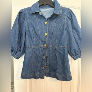 Denim Button-Front Jacket with Puff Sleeves - Blue